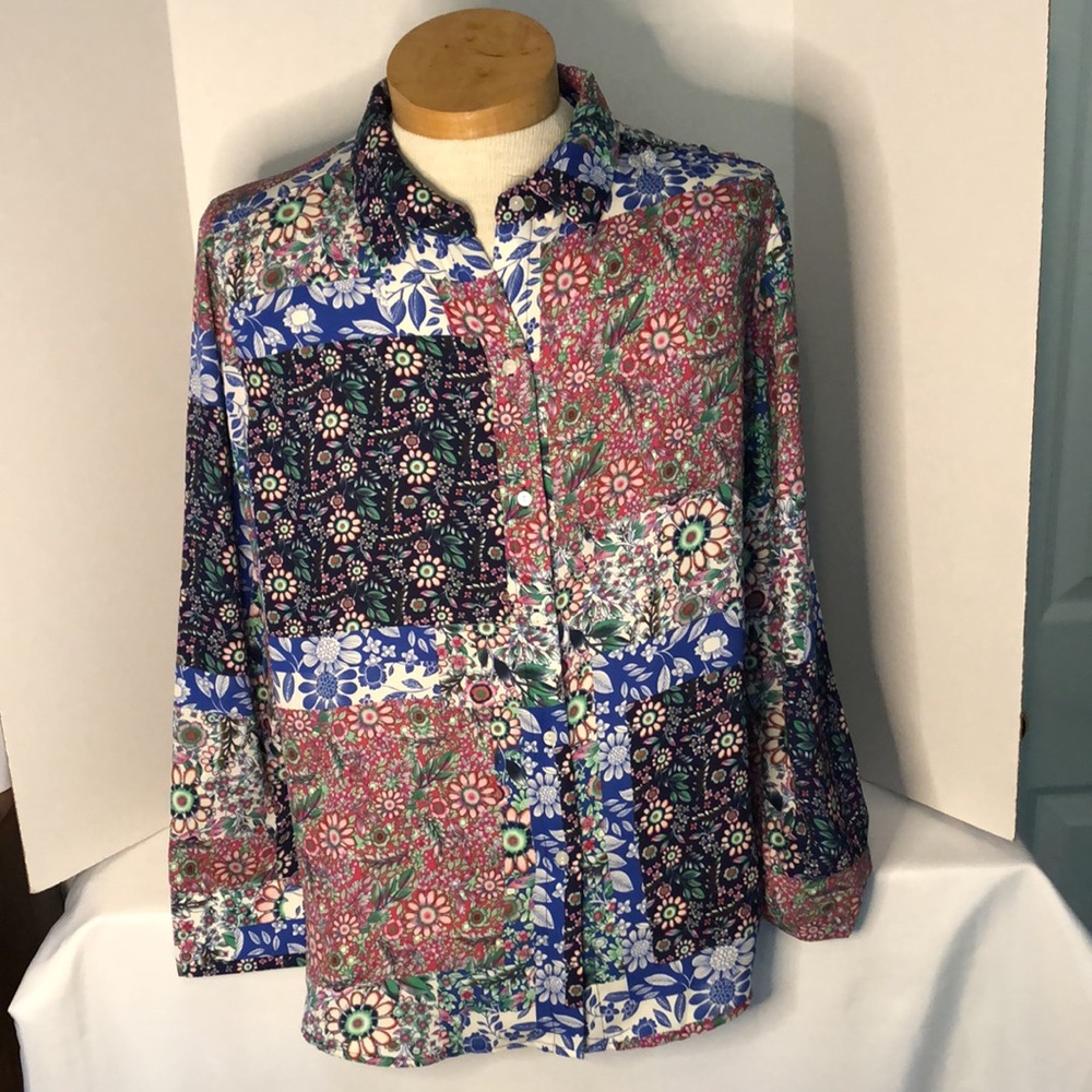 Jones New York Floral Patchwork Button-Up Shirt Button Long Sleeve